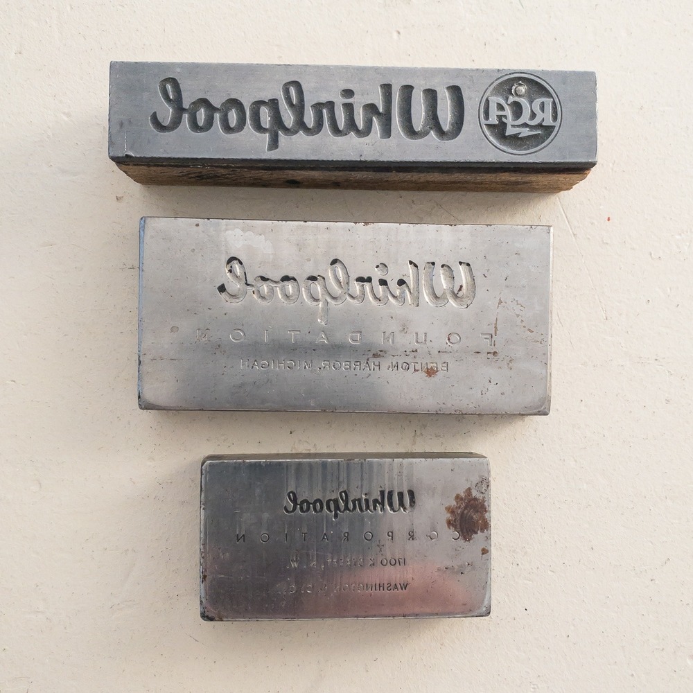 VTG Whirlpool Letterpress Printing Blocks 3pc Silver RCA‎ Foundation Metal Wood